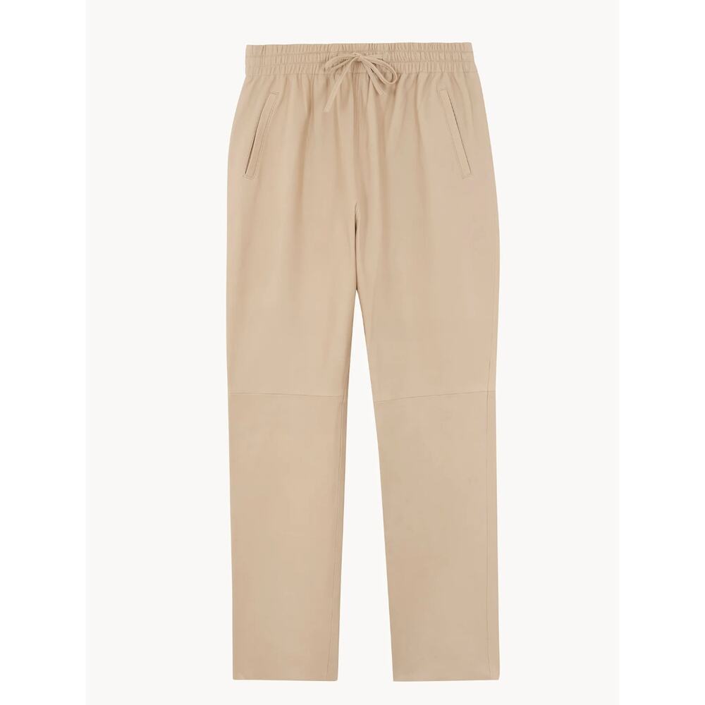Kujten Marl Beige Leather Trousers High-Rise Elastic Waistband Size Large L NEW